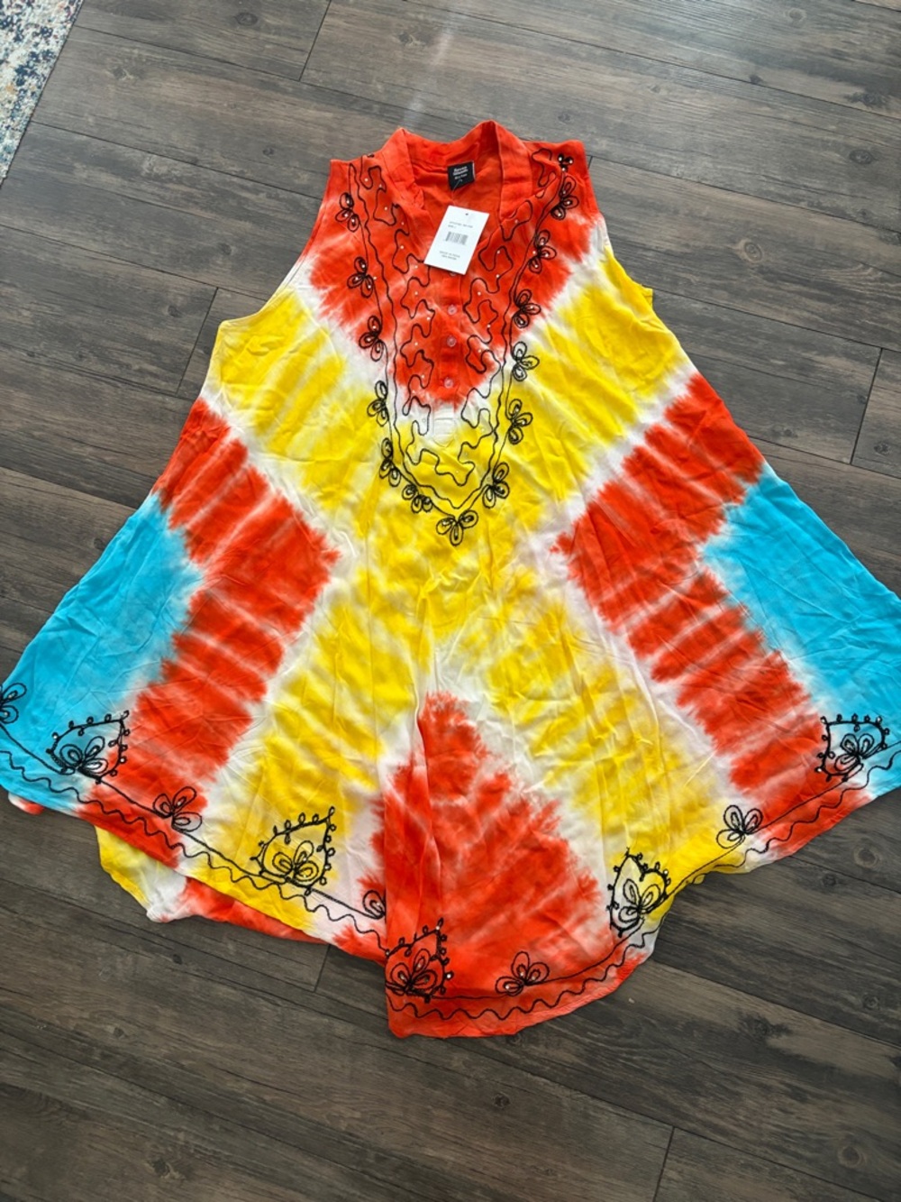 Sleeveless Tie-Dye High-Low Dress in Orange, Yellow & Blue